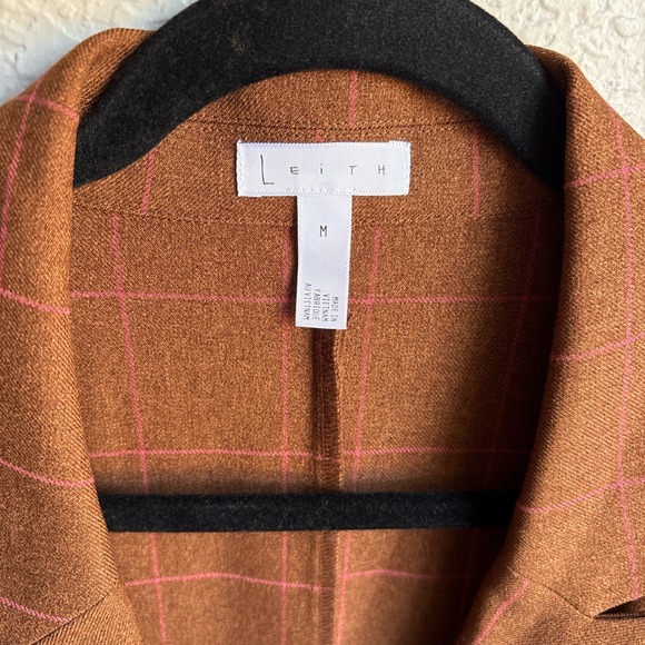 Leith Nordstrom Womens M Blazer Brown Pink Plaid Button Dale Windowpane NWT - Picture 2 of 13